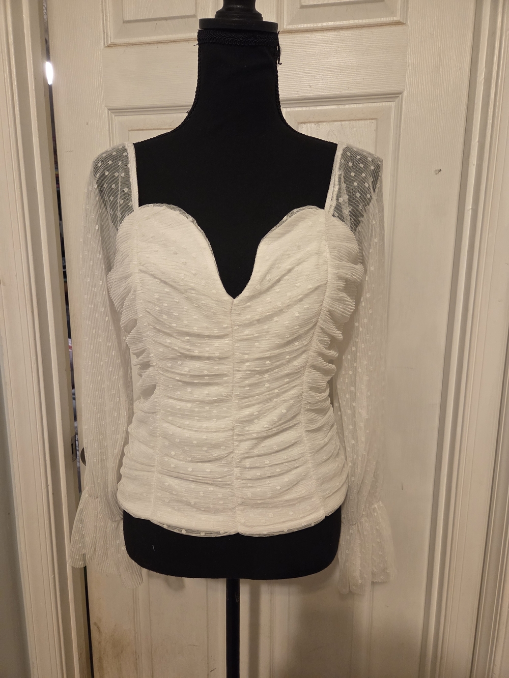 White Swiss Dot Sweetheart Ruched Blouse